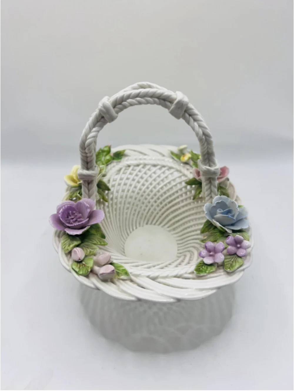 Vintage Spanish Woven Porcelain Basket White 3D Floral Pastel Made In Spain